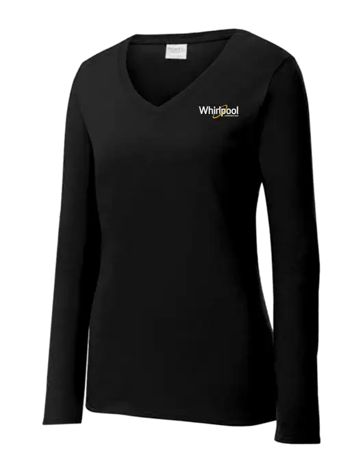 Womens V-Neck Ring Spun Jet Black 4.5 oz Long Sleeve T-Shirt w/Whirlpool Corporation Logo