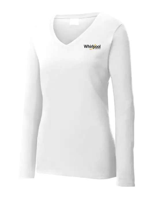 Womens  V-Neck Ring Spun White 4.5 oz Long Sleeve T-Shirt w/Whirlpool Corporation Logo