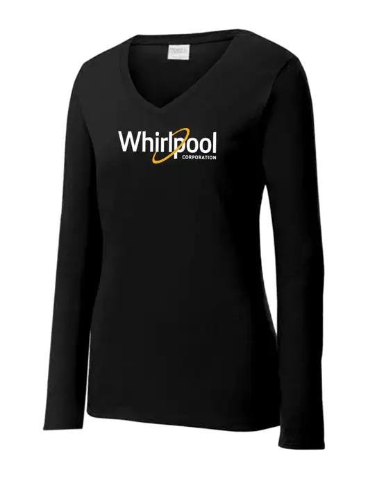 Womens V-Neck Ring Spun Jet Black 4.5 oz Long Sleeve T-Shirt w/Whirlpool Corporation Logo