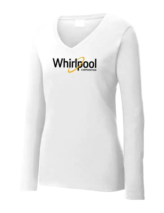 Womens  V-Neck Ring Spun White 4.5 oz Long Sleeve T-Shirt w/Whirlpool Corporation Logo